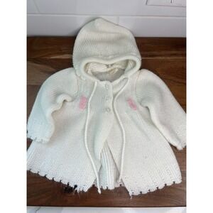 Vtg Tiny Togs Mervyns Baby Knit Cardigan Cream Pink Bunny Easter Sweater Spain